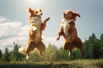 Energetic dog duo dynamic pose jumping high green grass, copy spacetennis ball paw shake Generative AI