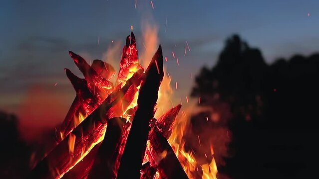 Big Burning Campfire in Early Morning or Evening against the Blue Sky. Wood on Fire. Flying Sparks. Travel and Tourism Concept. Giant Flaming Bonfire at Summer - Static Shot, Slow Motion