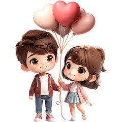 Valentine Couple. Smiling Beauty Girl and her Handsome Boyfriend holding bunch of heart shaped air balloons and smile. Happy Joyful Family. Love. Happy Valentine's Day
