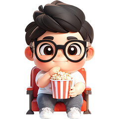 Young surprised happy fun cool cheerful shocked excited fun man wear 3d glasses watch movie film hold bucket of popcorn in cinema