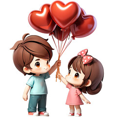 Valentine Couple. Smiling Beauty Girl and her Handsome Boyfriend holding bunch of heart shaped air balloons and smile. Happy Joyful Family. Love. Happy Valentine's Day