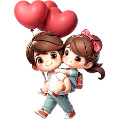 Valentine Couple. Smiling Beauty Girl and her Handsome Boyfriend holding bunch of heart shaped air balloons and laughing. Happy Joyful Family. Love. Happy Valentine's Day