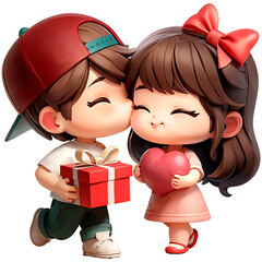 Happy young couple standing celebrating, holding gift box, kissing