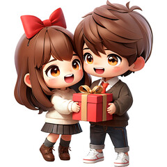 Young Asian couple holding gift box 
