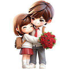 Beautiful elegant couple hugging and holding roses bouquet.