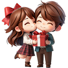 Happy young couple standing celebrating, holding gift box, kissing