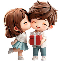 Happy young couple standing celebrating, holding gift box, kissing