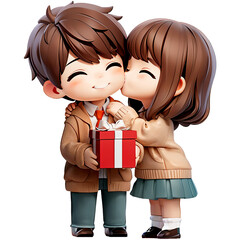 Happy young couple standing celebrating, holding gift box, kissing