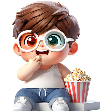 Young surprised happy fun cool cheerful shocked excited fun man wear 3d glasses watch movie film hold bucket of popcorn in cinema
