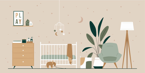 Baby room with chest of drawer, unisex white cot, big toy elephant, home plant, armchair and floor lamp. Nursery in Japandi or Scandinavian Style. Interior Background