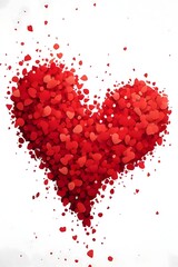 Red heart arranged with confetti on a white isolated background. New Year's fun and festivities.