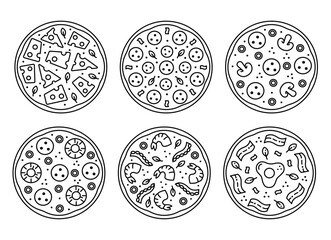 Set tasty pizza  line icon. Pizzeria delivery service. Editorial stroke. Carbonara, cheese, salami, pepperoni, mushroom, hawaii, shrimp.