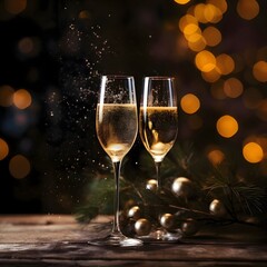Glasses, champagne gold, streamers, baubles, confetti and bokeh effect in the background.New Year's Eve background, banner with space for your own content.