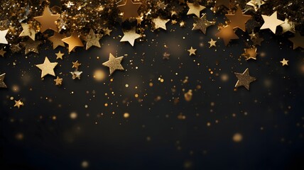 Gold stars and confetti dark background.New Year's Eve background, banner with space for your own content.