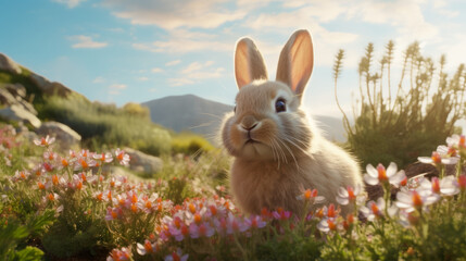 rabbit in the grass and flowers in the nature 