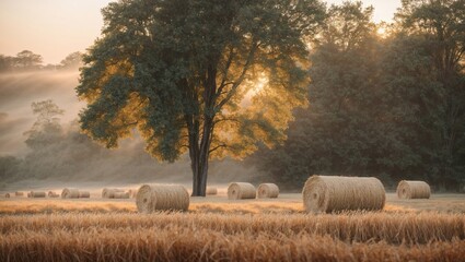 Misty morning sunrise with hay bails in a field. - Powered by Adobe