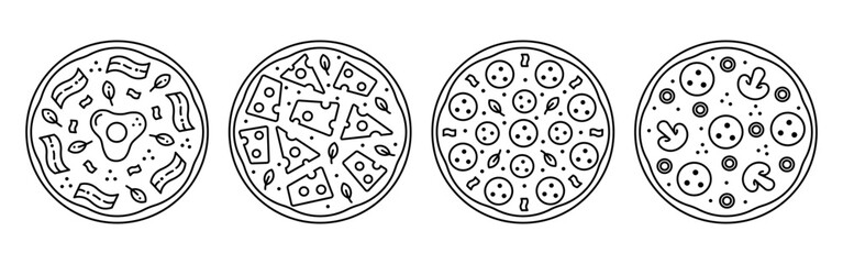 Set tasty pizza  line icon. Pizzeria delivery service. Editorial stroke. Carbonara, cheese, salami, pepperoni, mushroom.