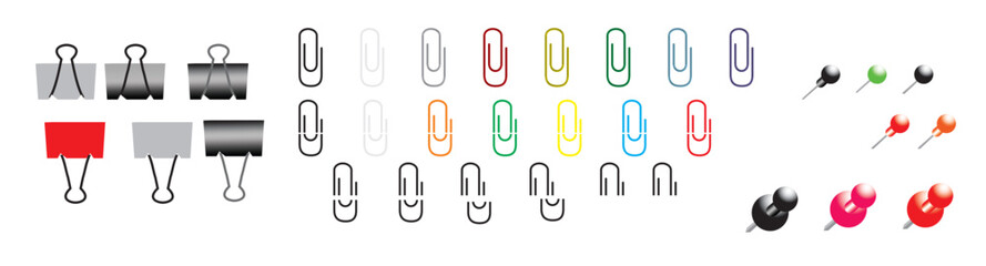Pins and paper clips set. Colored binder clips, push pins, flags and tacks. Realistic stationery. Office supplies. Vector illustration.