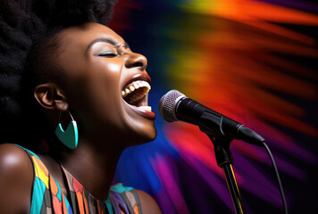 Energetic singer belting out with passion against a vibrant multicolored backdrop, capturing the essence of live music. - obrazy, fototapety, plakaty
