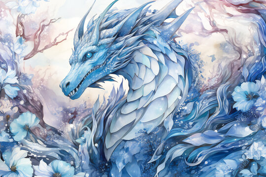 Beautiful watercolor blue dragon with flowers