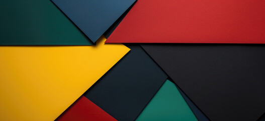 Layered colored papers in yellow, green, red, blue, and black, creating an abstract geometric composition.
