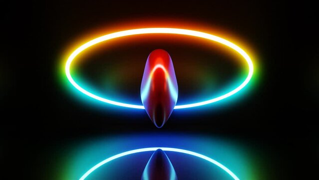 Red heart spins in neon light on a dark background.Looped video