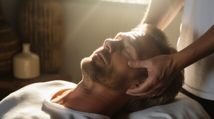 Relaxing Access Bars Therapy Session with Sunlight. A man enjoys a calming Access Bars session,...