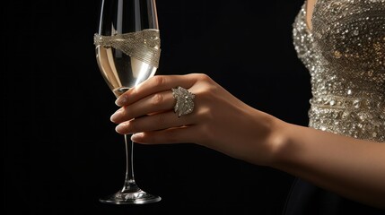 Elegant Evening Gown and Champagne Toast. A woman's hand holding champagne glass, featuring sparkling ring and a glittering dress, evokes a sense of luxury and celebration. - obrazy, fototapety, plakaty