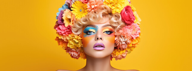 Naklejka premium Vibrant portrait of a woman adorned with a floral headpiece and colorful makeup on a yellow background