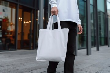 Person with shopping bags. Shopping in the city. Concept of shopping in malls and city shopping centers. Blank white tote bag , mock up