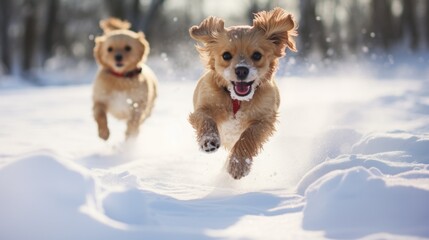 Two happy dogs in winter attire joyfully leap through a snowy landscape, leaving paw prints in their wake.