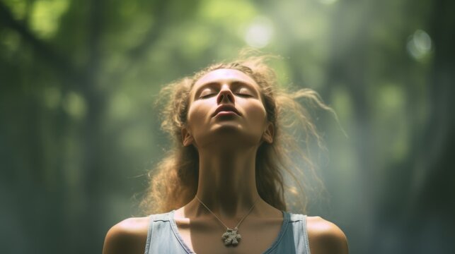 Woman Practicing Breathwork in Sunlit Forest. A woman practicing breathwork with the sun's rays creating a halo of light around her, symbolizing peace and mindfulness.