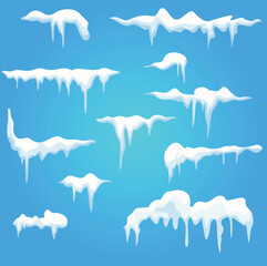 Vector collection of snow caps, piles, anicicles, isolated in blue background, transparent, ice, snowball and snowdrift. 3d Winter decorations, Christmas, snow texture, white elements, holiday design.