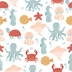 Seamless pattern with cute undersea inhabitants in masks. Creative childish background. Perfect for kids apparel, fabric, textile, nursery decoration,wrapping paper.Vector Illustration