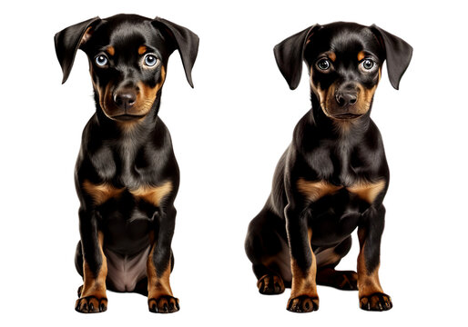 Baby doberman picscher dog standing isolated on transparent or white background