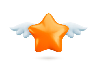 Vector 3d bronze star with wings icon. Cute realistic cartoon flying star 3d render on white background, glossy orange star Illustration for customer rating concept, decoration, web, game design, app