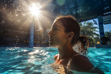 Retrato de un mujer joven nadando en una piscina cubierta. Vista de perfil, mirando hacia un lado. Copy space. - obrazy, fototapety, plakaty