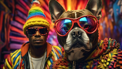 Stylish dog and person in colorful attire, radiating cool vibes with vibrant abstract background