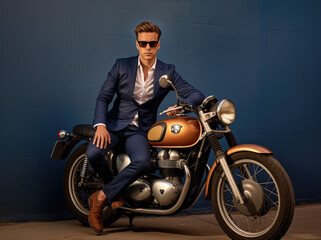 Fototapeta na wymiar Stylish man in sunglasses and blue suit posing with a vintage motorcycle against a blue backdrop.