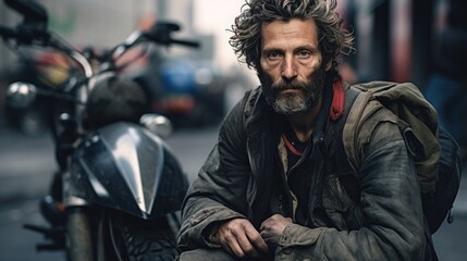 Homeless beggar sitting on ground on street