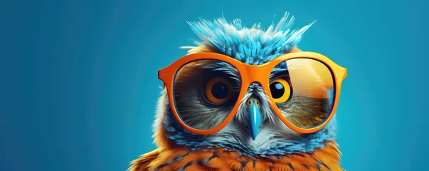 Foto auf Acrylglas Whimsical owl wearing oversized orange sunglasses against a blue backdrop. © Sascha