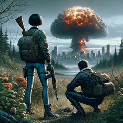 Аpocalyptica.A man and a woman watch an atomic explosion in a big city from afar. They have backpacks on their backs and weapons.