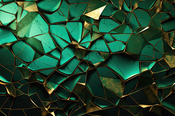 Abstract composition of shattered turquoise and gold geometric shapes with a textured, metallic finish. - obrazy, fototapety, plakaty