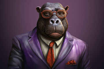 A hippo with glasses in a purple suit against a violet background.