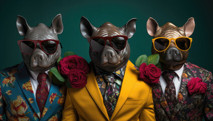 Trio of sophisticated rhinoceroses in smart suits, each sporting stylish sunglasses and a red rose boutonniere, set against a deep emerald background.