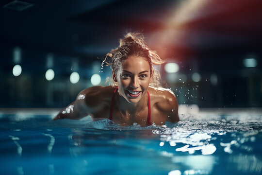Mujer practicando nataci&oacute;n, en la modalidad de crol, en una piscina cubierta.