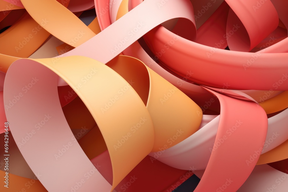 Poster 3d rendering of abstract background with curved ribbons in red and orange colors, 3d render of paper