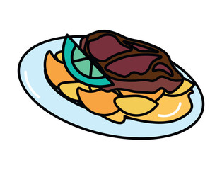 Pasta of food colorful set. Spaghetti with juicy meat steaks is the decoration of this illustration, because it conveys the essence of the art of cooking. Vector illustration.