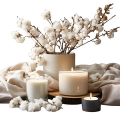 Stylish table with cotton flowers and aroma candles  isolated on transparent background Generative AI