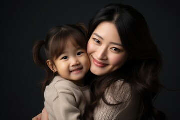 Portrait of a beautiful asian mother and daughter on black background, A cheerful Asian toddler daughter hugging her happy mother isolated on gray, AI Generated